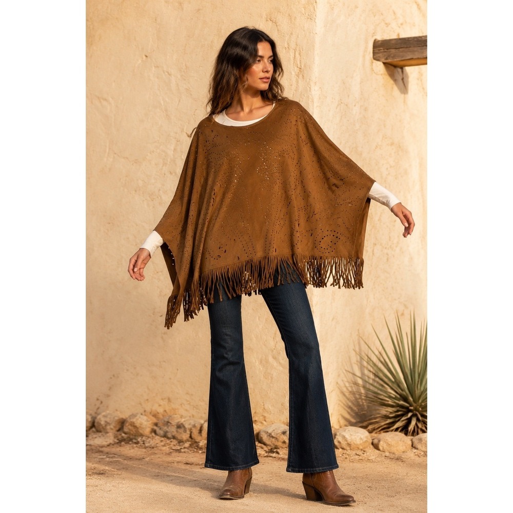Wrangler Womens Faux Suede Laser Cut Fringe Poncho Brown XL LW4053X